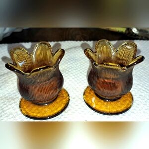 Vtg Lot Of  2 Footed Flower Bud Amber Glass Candlestick Holder  Korea Home Deco